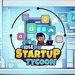 Postać siedząca przy komputerze otoczona ikonami aplikacji, z napisem Idle Startup Tycoon na pierwszym planie