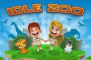 Dwoje uśmiechniętych dzieci w strojach safari trzymają się za ręce, otoczone przez młode zwierzęta na tle zoo