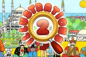 Kolorowa ilustracja z panoramą Stambułu, logo z cyfrą 2 i postaciami w tle
