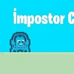 Niebieski, pikselowy krab i hamburger na niebieskim tle z napisem impostor Crab