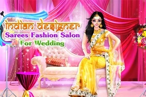 Kobieta w żółtym sari siedząca na ozdobnej kanapie w bogato udekorowanym różowymi i czerwonymi materiałami tle, z napisem Indian Designer Sarees Fashion Salon For Wedding