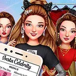 Trzy kobiety w eleganckich strojach stoją przed garderobą z modnymi ubraniami, trzymając telefon z napisem Insta Celebrity