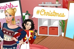 Dwie postacie w świątecznych strojach stoją w pokoju z dekoracjami bożonarodzeniowymi i napisem #Christmas