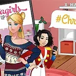 Dwie postacie w świątecznych strojach stoją w pokoju z dekoracjami bożonarodzeniowymi i napisem #Christmas