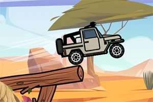 Jeep w stylu kreskówki skaczący nad drewnianą belką na pustynnym tle