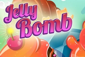 Kolorowa grafika z napisem Jelly Bomb na tle żelków i wiśni z lontem