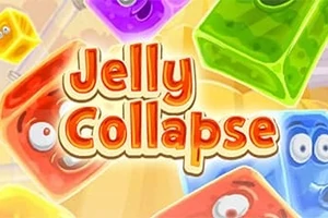 Kolorowe, animowane galaretki z oczami na żółtym tle z napisem Jelly Collapse