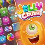 Kolorowe żelki o różnych kształtach z jednookim, żółtym stworem po prawej stronie i napisem Jelly Crush