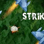 Myśliwce na tle zielonego krajobrazu z wybuchami i napisem STRIKE