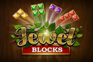 Napis Jewel Blocks otoczony liśćmi, z kolorowymi klejnotami w tle