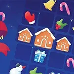 Niebieskie tło z obrazkami świątecznymi, takimi jak bałwanki, piernikowe domki, prezenty i laski cukrowe, oraz czerwonym napisem Jewel Christmas Mania