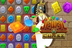 Kolorowe klejnoty na siatce z postacią w egipskim stylu i napisem Jewel Curse
