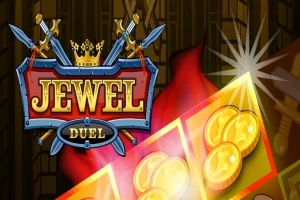 Logo z napisem Jewel Duel z mieczami i koroną, obok świecące złote monety na kolorowym tle