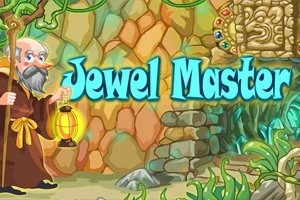 Starszy mężczyzna w zakonnej szacie trzymający lampę na tle kamiennej ściany z napisem Jewel Master i ozdobioną rzeźbami roślinnością