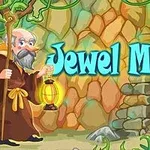 Starszy mężczyzna w zakonnej szacie trzymający lampę na tle kamiennej ściany z napisem Jewel Master i ozdobioną rzeźbami roślinnością