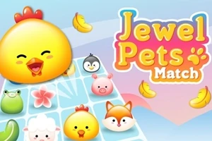 Ilustracja przedstawia kolorową planszę z postaciami zwierząt, takimi jak kurczak, pingwin, świnia i lis, oraz banany i kwiaty na niebieskim tle, z napisem Jewel Pets Match