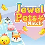 Ilustracja przedstawia kolorową planszę z postaciami zwierząt, takimi jak kurczak, pingwin, świnia i lis, oraz banany i kwiaty na niebieskim tle, z napisem Jewel Pets Match