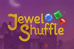 Napis Jewel Shuffle z kolorowymi klejnotami na fioletowym tle z zarysowanym zamkiem w tle