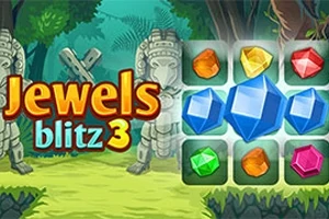 Kolorowe klejnoty na tle dżungli z kamiennymi posągami i logotypem Jewels Blitz 3