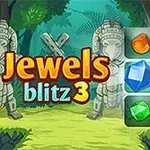 Kolorowe klejnoty na tle dżungli z kamiennymi posągami i logotypem Jewels Blitz 3