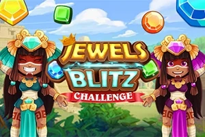 Dwie postacie w strojach inspirowanych kulturą prekolumbijską z biżuterią i kolorowymi klejnotami na tle nieba i zieleni z widocznym napisem Jewels Blitz Challenge