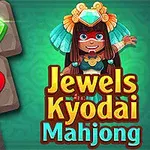 Kolorowe klejnoty na szarych prostokątnych kafelkach z po prawej stronie postacią w kolorowym stroju i tekstem “Jewels Kyodai Mahjong”