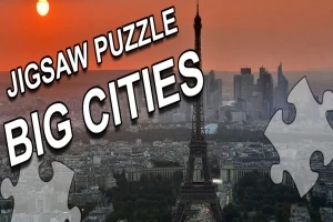 Wieża Eiffla na tle zachodzącego słońca i panoramy miasta, z dużymi napisami „Jigsaw Puzzle Big Cities” oraz elementami puzzli po bokach