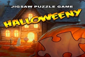 Domek w stylu halloweenowym z jasnym oświetleniem w oknach i wielką dynią z kawałkiem układanki na pierwszym planie