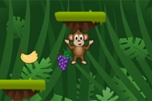 Jolly Jumper Małpka skacząca między platformami w dżungli z bananami i winogronami na zielonym tle z liśćmi