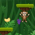 Jolly Jumper Małpka skacząca między platformami w dżungli z bananami i winogronami na zielonym tle z liśćmi