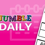 Kolorowy napis JUMBLE DAILY obok fragmentu łamigłówki z literami na różowym tle