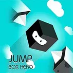 Czarny sześcian z białą maską unoszący się wśród chmur na niebieskim tle, z napisem Jump Box Hero