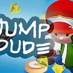 Postać w czerwonej czapce obok dużego napisu JUMP DUDE z telefonem komórkowym oraz unoszącymi się żółtymi diamentami na niebieskim tle