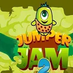 Zielony stworek z jednym okiem stoi nad napisem JUMPER JAM 2 na tle jasnych i ciemnych zielonych odcieni