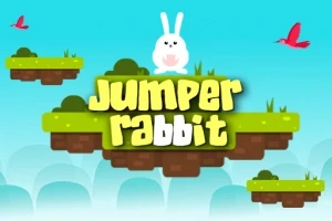 Biały królik siedzi na zielonej platformie z trawą, z napisem Jumper Rabbit, w tle błękitne niebo i czerwone ptaki