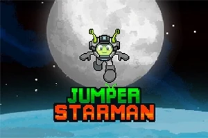 Kosmiczny stworek z zielonymi czułkami w skafandrze astronauty skaczący przed dużym księżycem na tle gwiaździstego nieba z napisem Jumper Starman