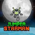 Kosmiczny stworek z zielonymi czułkami w skafandrze astronauty skaczący przed dużym księżycem na tle gwiaździstego nieba z napisem Jumper Starman