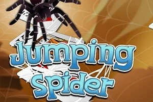 Pająk nad stosem kart z napisem Jumping Spider na tle przypominającym pajęczynę