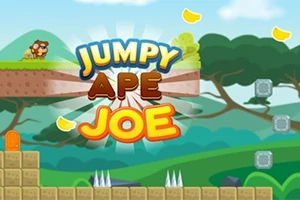 Małpa stojąca na platformie w dżungli, otoczona spadającymi liśćmi i napisem Jumpy Ape Joe
