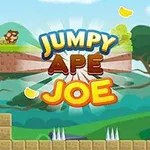 Małpa stojąca na platformie w dżungli, otoczona spadającymi liśćmi i napisem Jumpy Ape Joe
