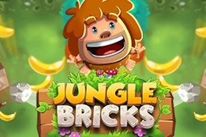 Mały, wesoły postać z dzikimi włosami otoczona bananami i zielonymi liśćmi, poniżej napis Jungle Bricks