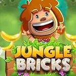 Mały, wesoły postać z dzikimi włosami otoczona bananami i zielonymi liśćmi, poniżej napis Jungle Bricks