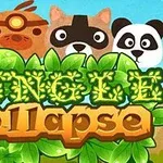 Sowy i zwierzęta w tle z napisem Jungle Collapse na zielonych liściach