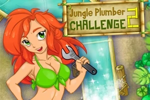 Postać z długimi rudymi włosami i zielonym strojem kąpielowym trzymająca klucz, obok tabliczki z napisem Jungle Plumber Challenge 2