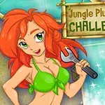 Postać z długimi rudymi włosami i zielonym strojem kąpielowym trzymająca klucz, obok tabliczki z napisem Jungle Plumber Challenge 2
