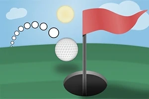 Piłka golfowa lecąca w kierunku dołka z czerwoną flagą na tle pogodnego nieba