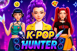 Trzy stylizowane idolki K-pop na neonowym fioletowym tle z głośnikami, dyskotekowymi światłami i napisem „K-POP HUNTER