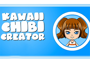 Niebieskie tło z napisem Kawaii Chibi Creator oraz ilustracją chibi dziewczyny z brązowymi włosami w dwóch kucykach