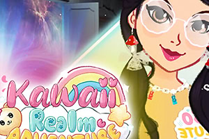 Kawaii styl graficzny z postacią w okularach, tęczowym napisem i elementami pastelowymi