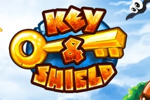 Duży złoty klucz z napisem Key & Shield na tle błękitnego nieba z chmurami